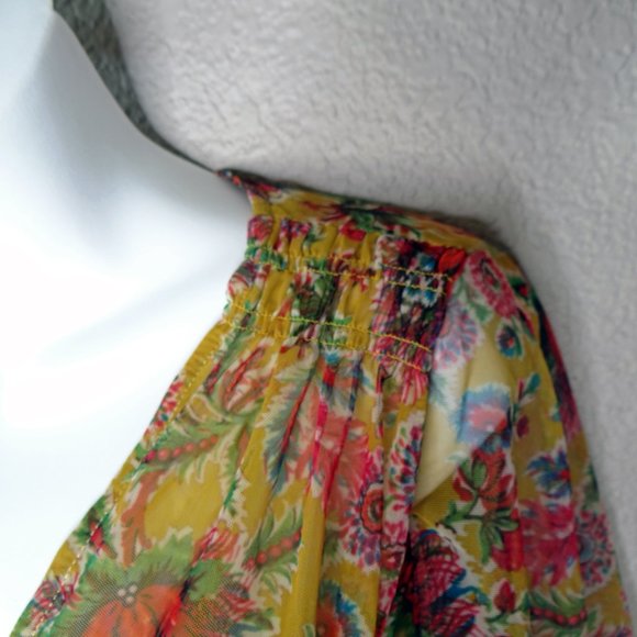 Anthropologie Gretchen V Neck Smocked Mesh Top Yellow Sheer Floral Blouse XS New - Picture 7 of 11